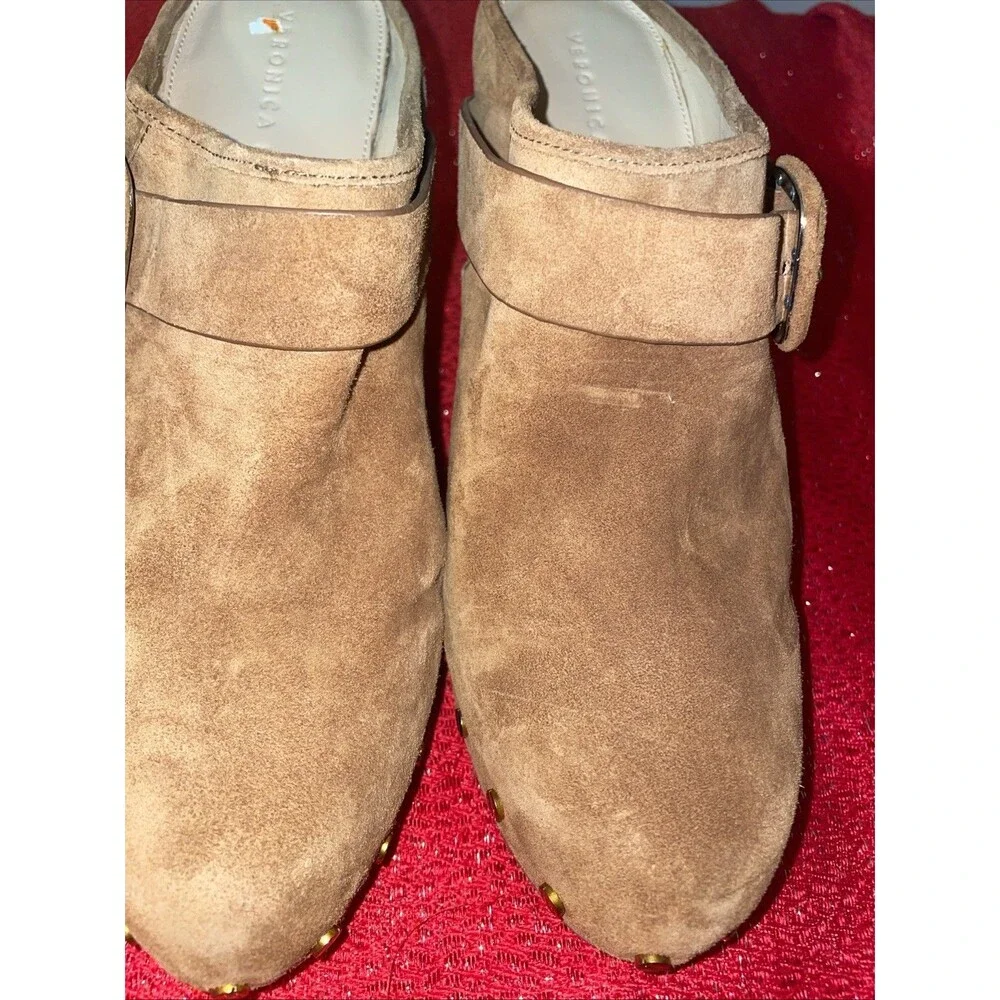 Veronica Beard Dacey Buckle Suede Clogs size 11M USA women Tan Pecan Wood Metals